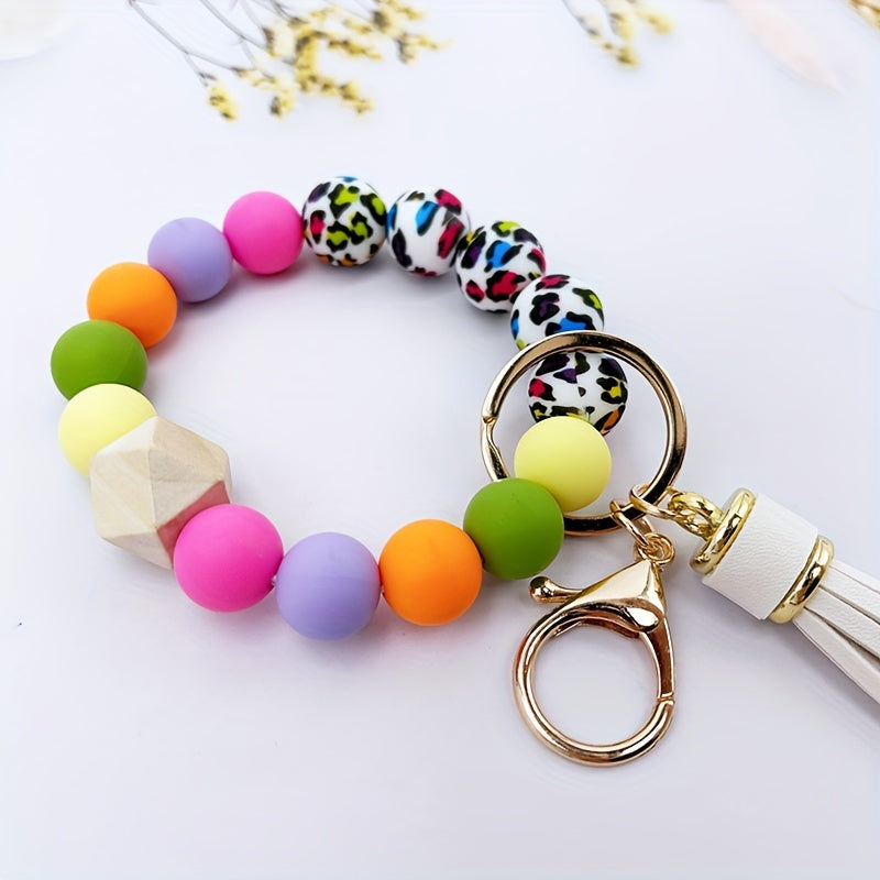 Festive Leopard Print Beaded Bracelet Keychain with Tassel - PU Leather and Silicone Material - Perfect for Halloween - Women's Fashion Accessory