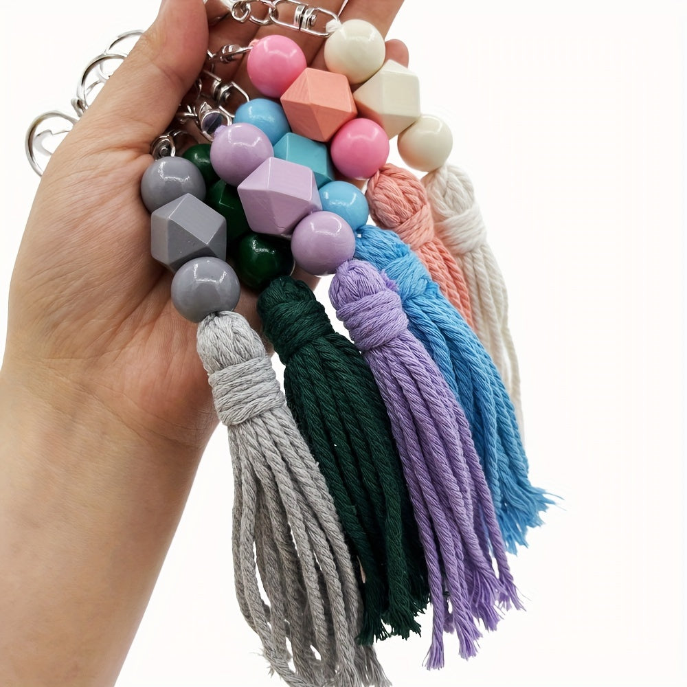 Handcrafted Cotton Tassel Keychain, Boho Chic Pastel Wooden Bead Pendant, Multicolor Bag Accessory, Rustic Charm For Purses & Clothing