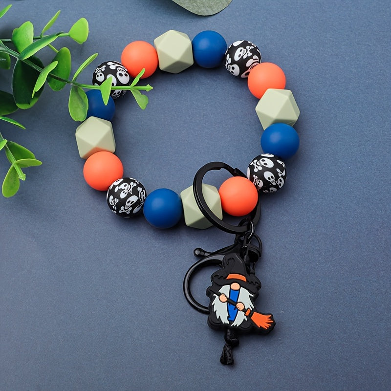 Halloween Witch Broom & Skull Silicone Beaded Keychain - Cartoon/Punk Style, Lobster Clasp, Fashionable Women's Accessory, Perfect Gift