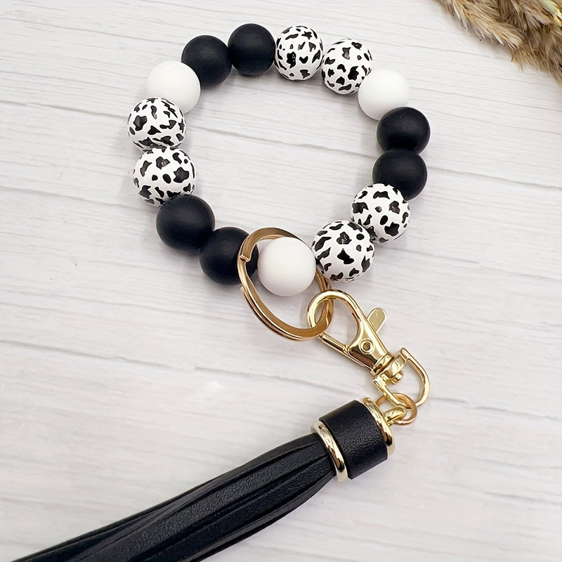 Cow Pattern Silicone Wooden Beaded Wristlet Keychain With PU Leather Tassel Wester Fashion Bangle Keychain Bag Charm Phone Lanyard Mother's Day Gift