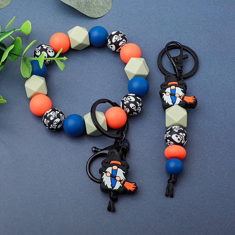 Halloween Witch Broom & Skull Silicone Beaded Keychain - Cartoon/Punk Style, Lobster Clasp, Fashionable Women's Accessory, Perfect Gift