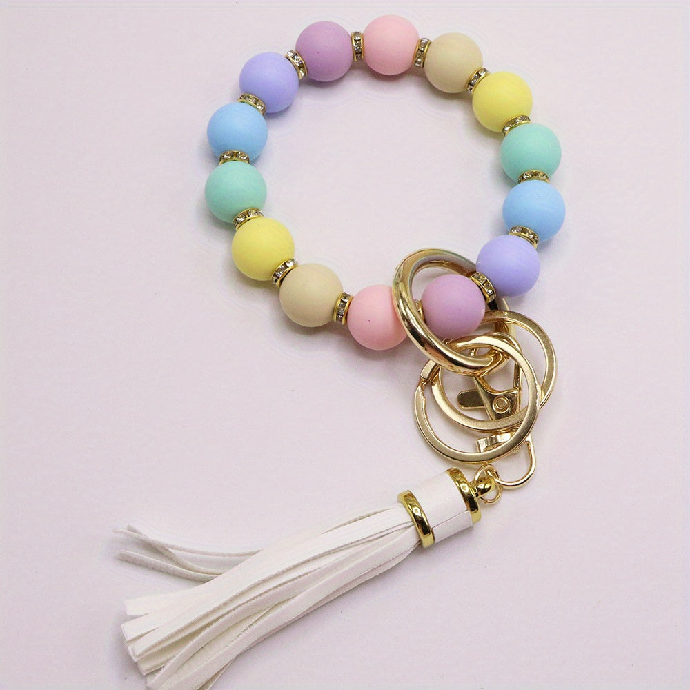 Chic Sunflower Silicone Bead Bracelet with Rhinestone Accents, Tassel Charm & Keychain - Fashionable Women's Accessory