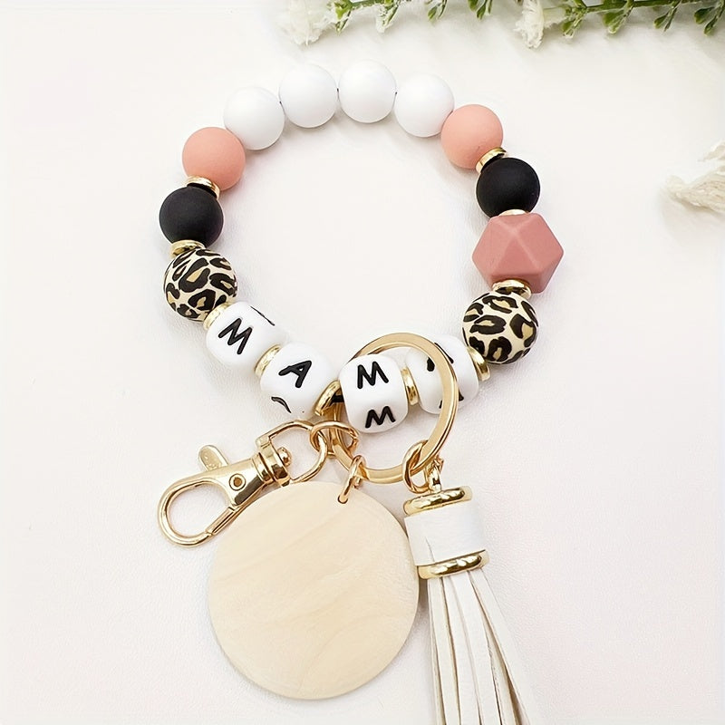 1pc Stylish MAMA Silicone Beaded Wristlet - Adjustable Phone Lanyard Keychain with Tassel Bag Charm - Perfect Daily Accessory for Women, Mother's Day Gift Idea