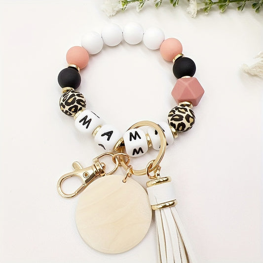 1pc Stylish MAMA Silicone Beaded Wristlet - Adjustable Phone Lanyard Keychain with Tassel Bag Charm - Perfect Daily Accessory for Women, Mother's Day Gift Idea