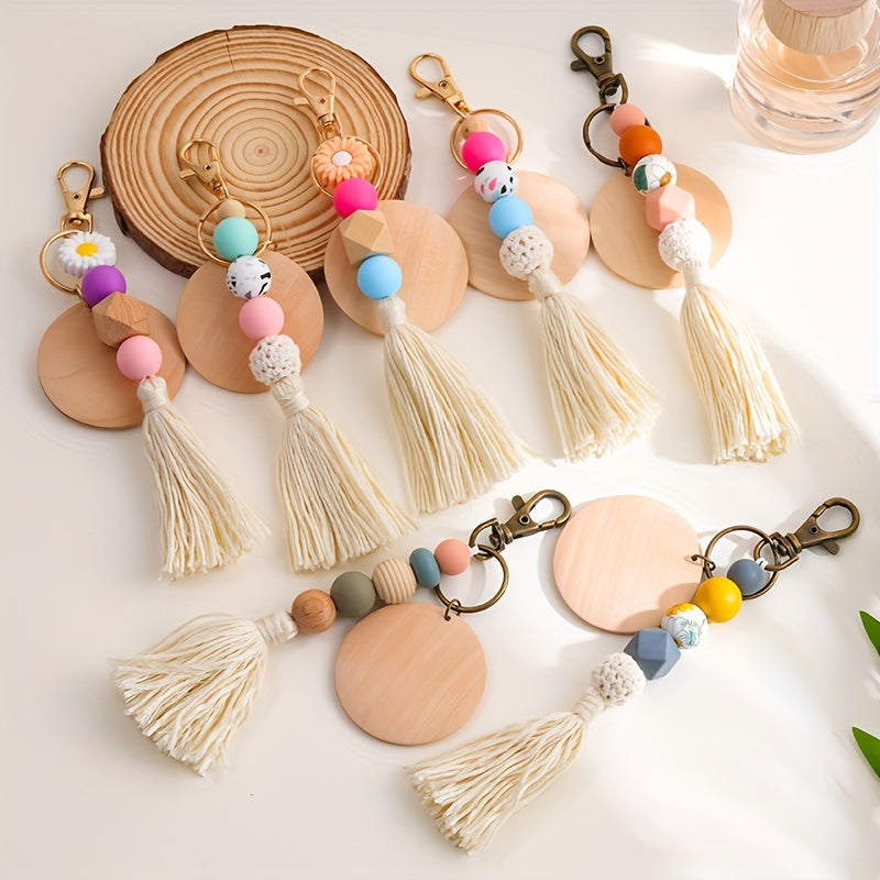 Hemasa Silicone Beads Tassel Wood Chip  Keychain , Bag Charms, Birthday Gifts, Party Favors