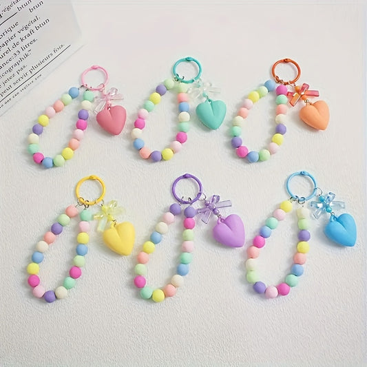 Small Fresh Bow Love Round Bead Pendant Colorful Beaded Wrist Hanging Chain Car Key Chain Accessories