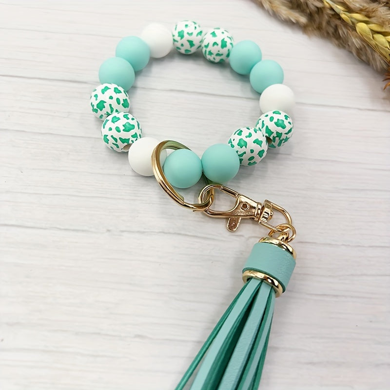 Cow Pattern Silicone Wooden Beaded Wristlet Keychain With PU Leather Tassel Wester Fashion Bangle Keychain Bag Charm Phone Lanyard Mother's Day Gift
