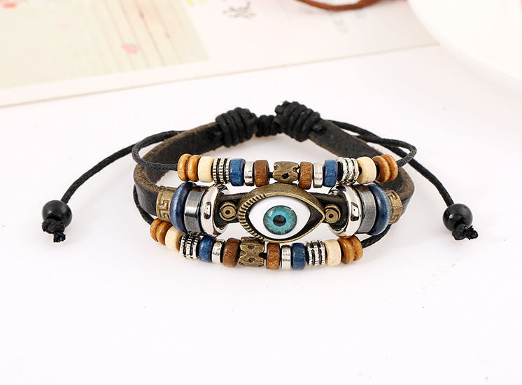 Eveil Eye Bracelet, a Popular Foreign Trade Item, Vintage Beaded Leather Jewelry, Wholesale in Stock