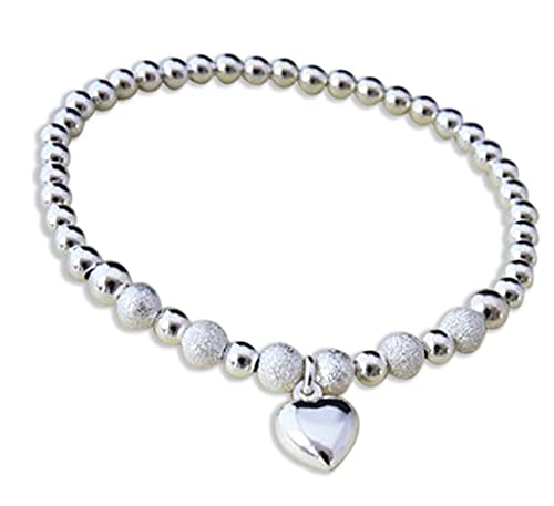 Silver Colour Round Beads With Star Dust Beads Heart Charms Stretchable Bracelet