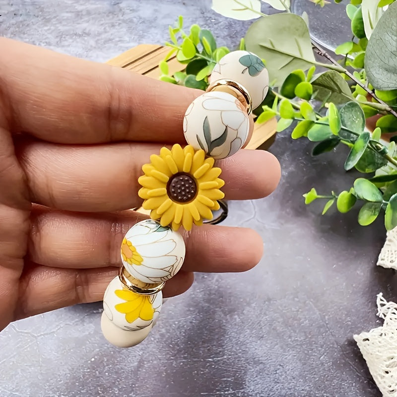 Bohemian Silicone Beaded Keychain, Sunflower And Daisy Print - Plant Theme Keychain with Lobster Clasp Women'S Bracelet Wristband Keychain Bag Pendant Keychain, a Great Gift for Friends