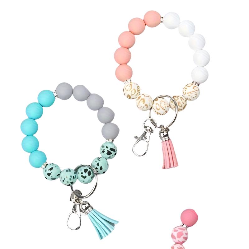 Hemasa Silicone Beaded Keychain with PU Leather Tassel, Leopard Print Car Key Ring