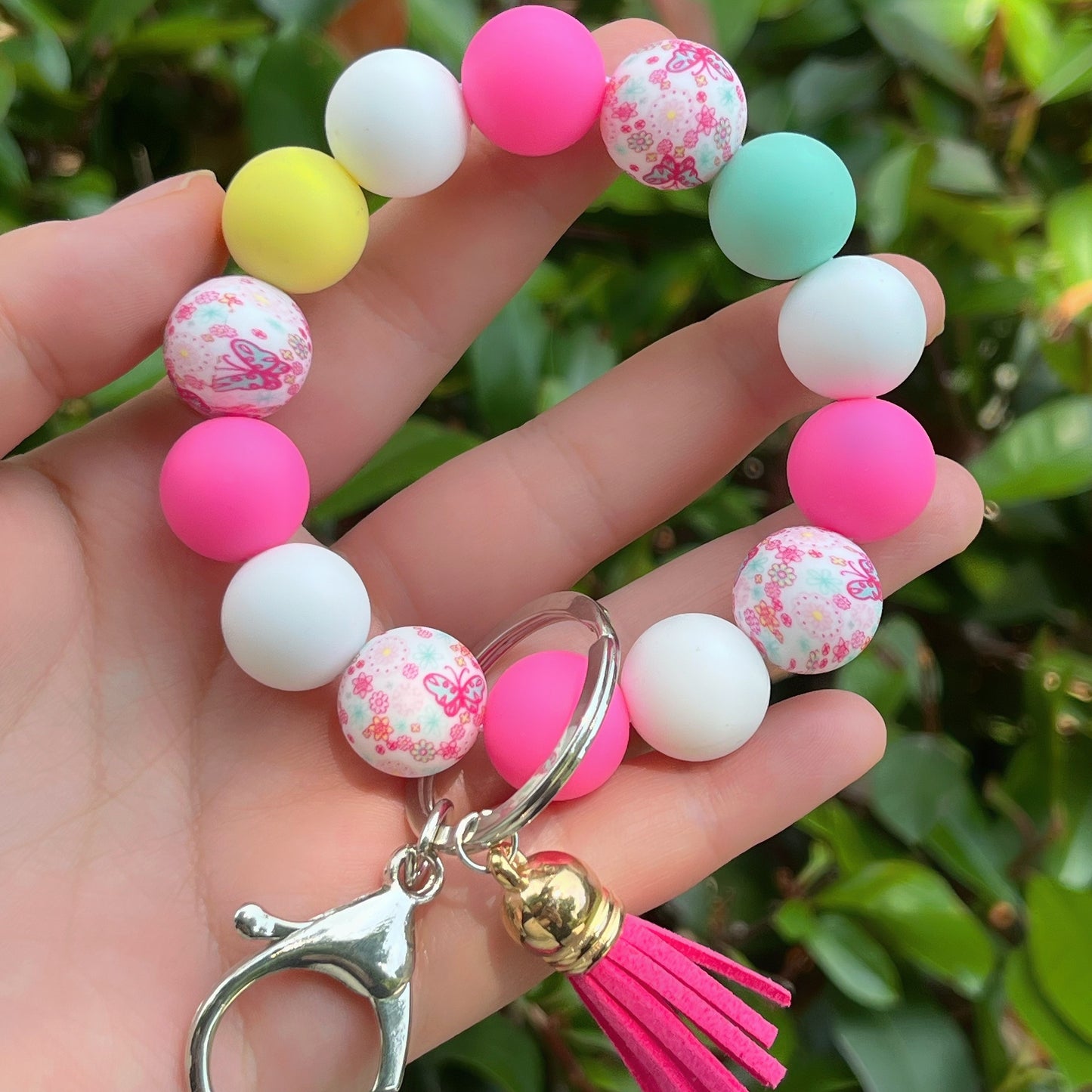 Festive 2024 Birthday Keychain: Elegant Lady's Silicone Beaded Bracelet with Pink Tassel and Golden Charm