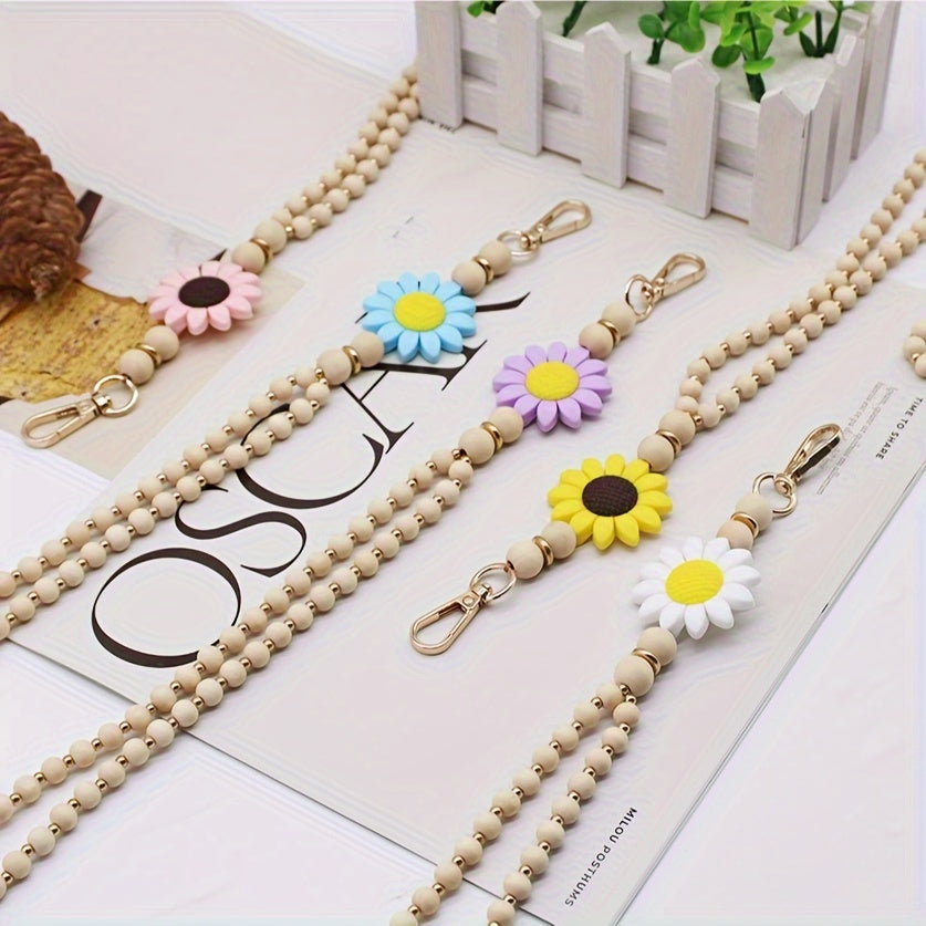 Elegant Wooden Bead Keychain With Golden Spacer Beads And Silicone Flower Charm - Versatile Accessory For All Seasons