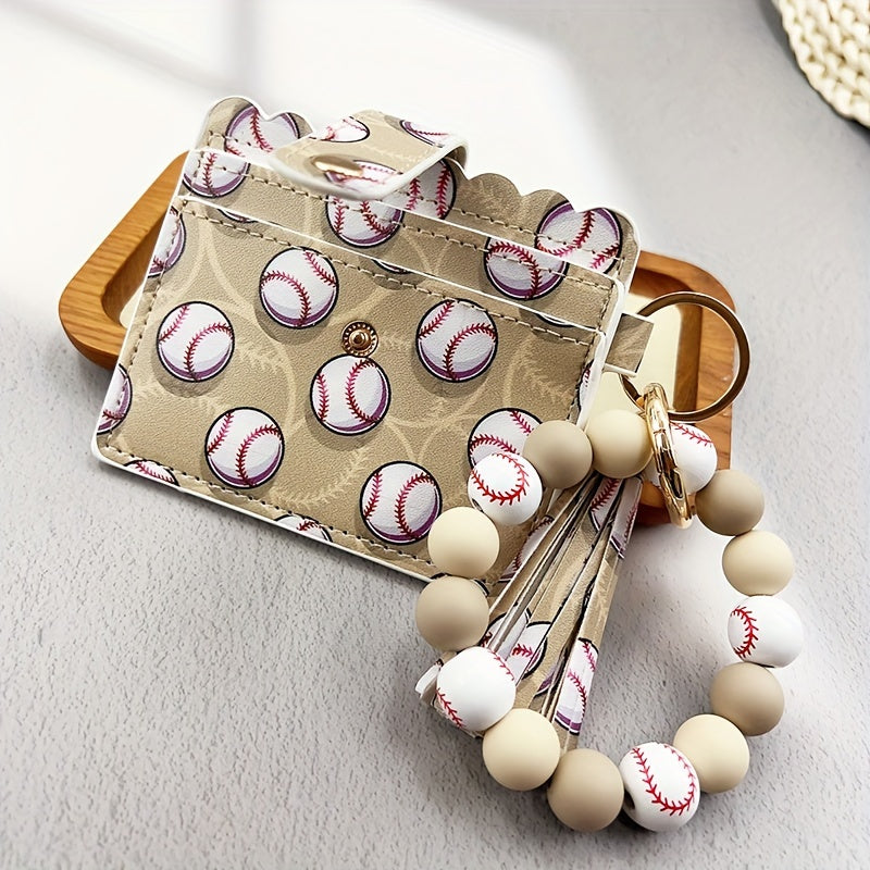 Sporty Chic Beaded Silicone Bracelet Keychain with Coin Purse - Faux Leather, Tassel Accent, Lobster Clasp - Perfect Gift for Women