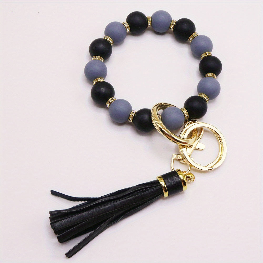 Chic Sunflower Silicone Bead Bracelet with Rhinestone Accents, Tassel Charm & Keychain - Fashionable Women's Accessory