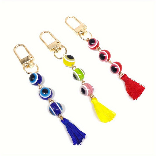 Creative Devil's Eye Tassel Keychain, Round Resin Pendant Keyring, Bag Backpack Charm Car Hanging Pendant Earbud Case Cover Accessories Women Gift