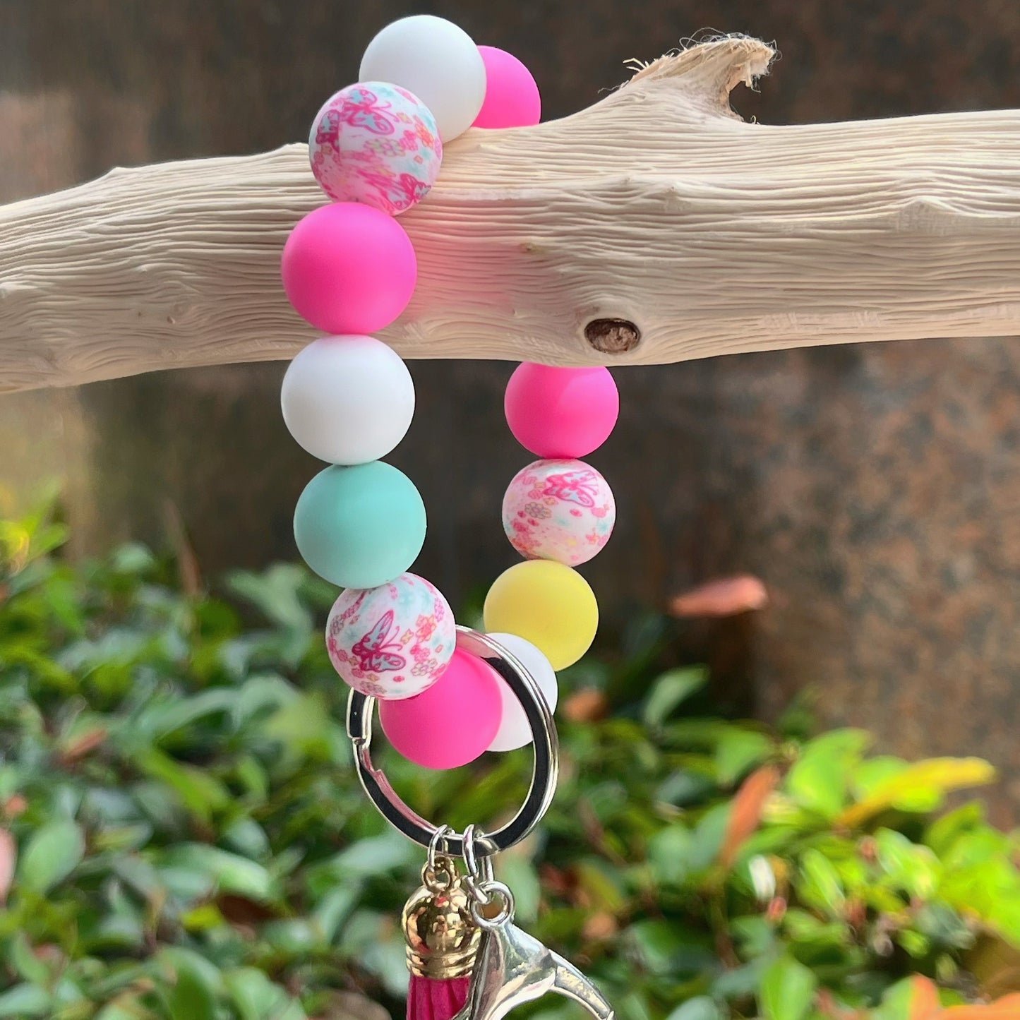 Festive 2024 Birthday Keychain: Elegant Lady's Silicone Beaded Bracelet with Pink Tassel and Golden Charm
