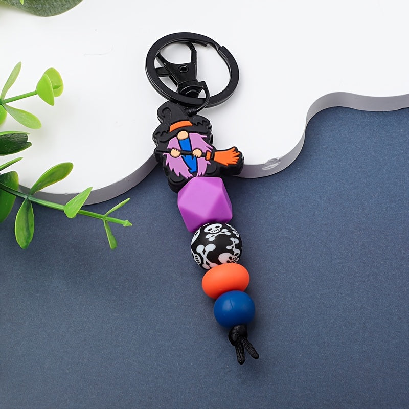 Halloween Witch Broom & Skull Silicone Beaded Keychain - Cartoon/Punk Style, Lobster Clasp, Fashionable Women's Accessory, Perfect Gift