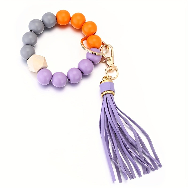 1pc Tassel Decor Beaded Bracelet Keychain Boho Key Ring Purse Handbag Car Charm Earphone Rainbow Pendant, Gift For Mother's Day