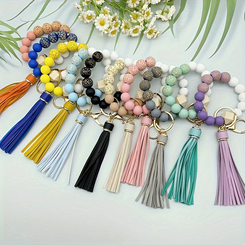 Leopard Silicone Beaded Bracelet Wristlet Keychain Fashion Bangle Key Chain Bag Charm Phone Lanyard Earbud Case Cover Accessories Women Female Gift
