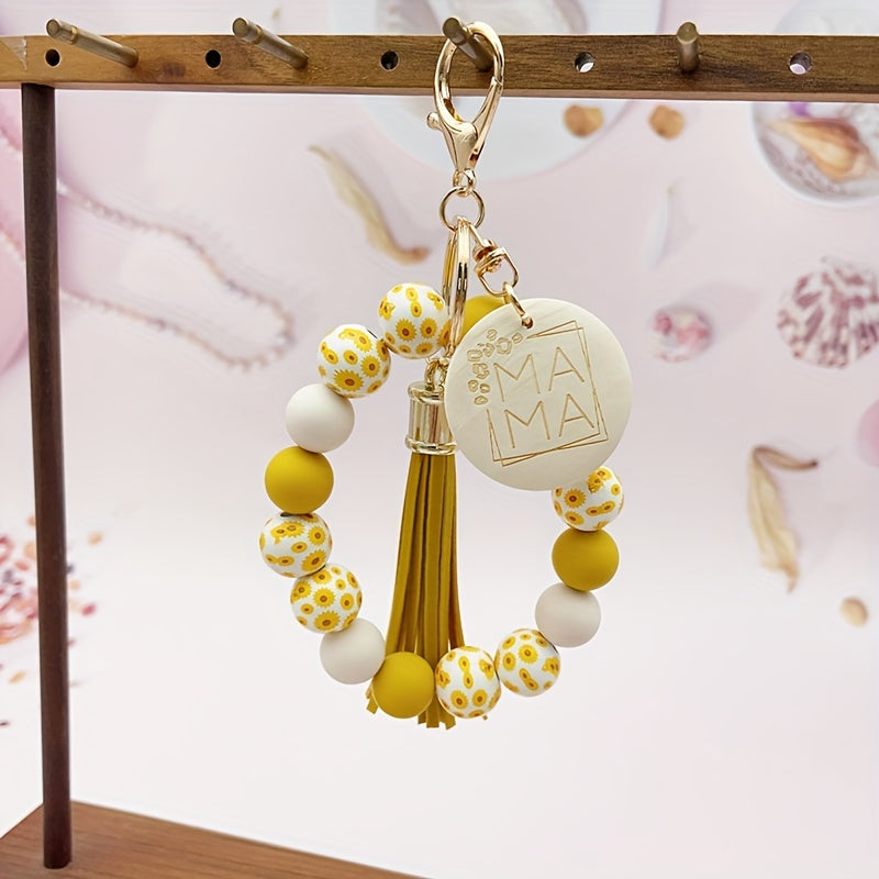 1pc Fresh And Floral Keychain With Printed Wooden Beads, MAMA Wooden Charm, Flower Bead Key Ring, Perfect For Friends And Mothers