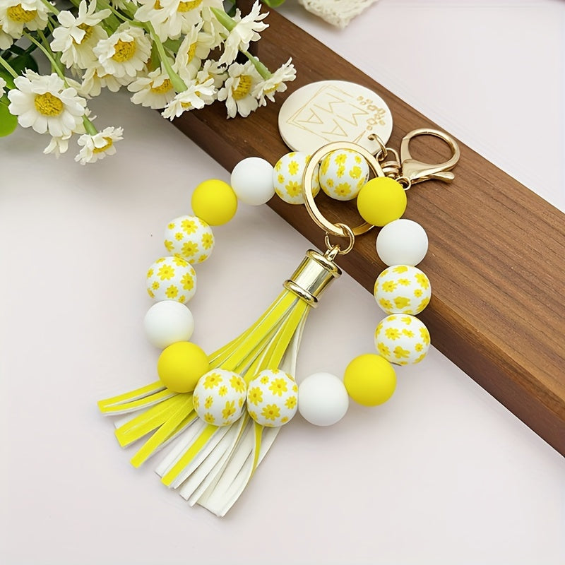 1pc Fresh And Floral Keychain With Printed Wooden Beads, MAMA Wooden Charm, Flower Bead Key Ring, Perfect For Friends And Mothers