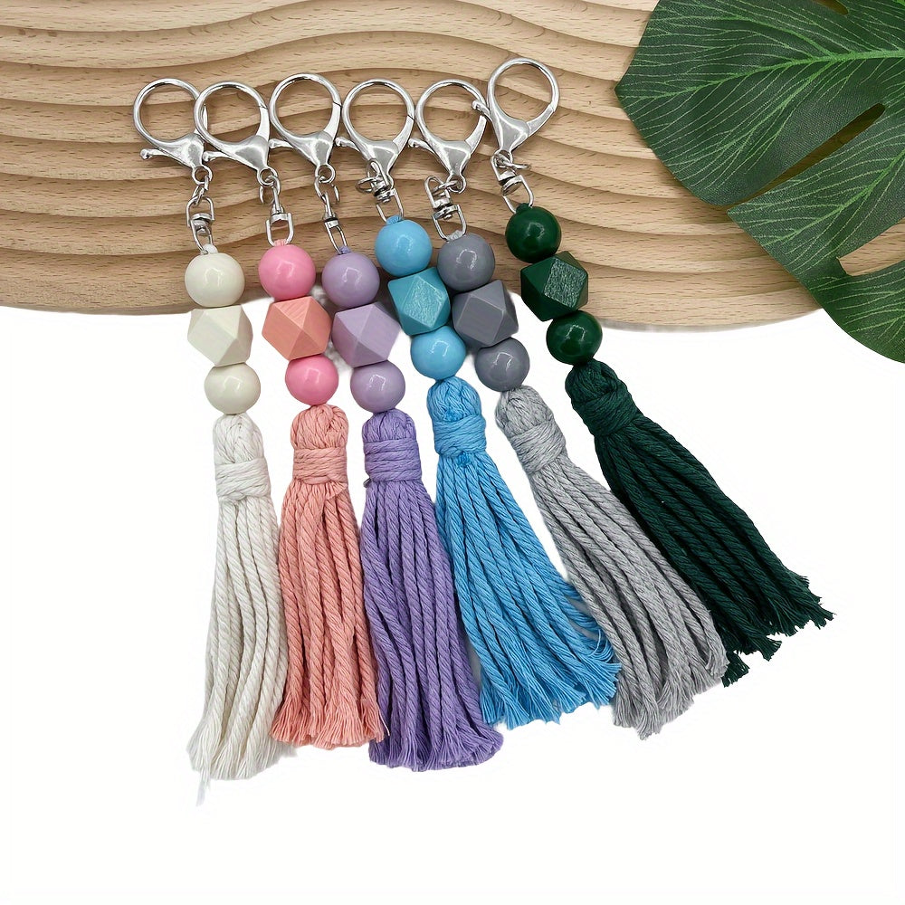 Handcrafted Cotton Tassel Keychain, Boho Chic Pastel Wooden Bead Pendant, Multicolor Bag Accessory, Rustic Charm For Purses & Clothing