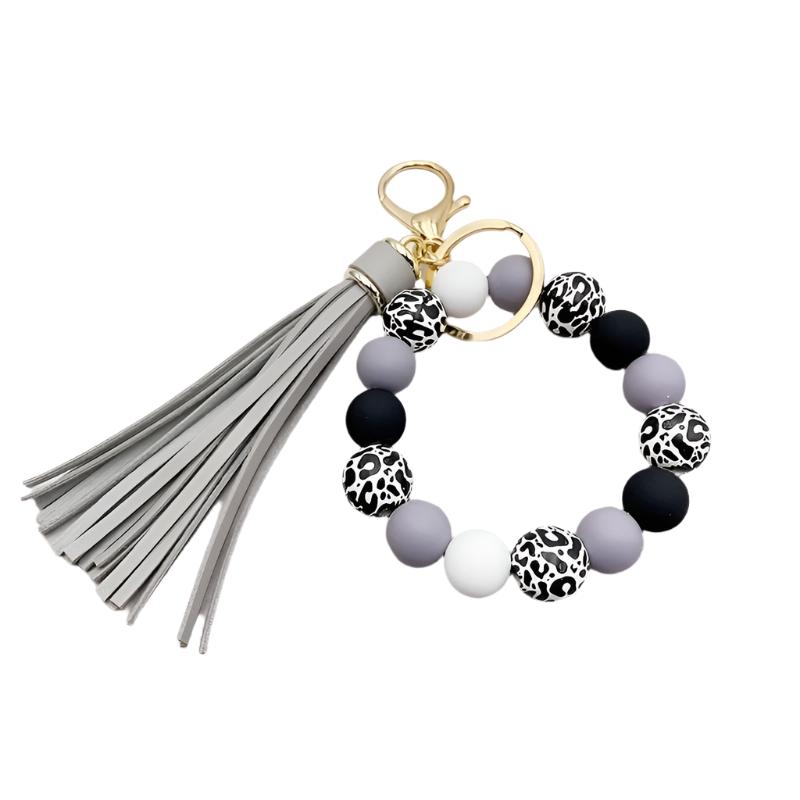 Leopard Silicone Wooden Beaded  Wristlet Keychain With PU Leather Tassel /Fashion Bangle Keychain Bag Charm Phone Lanyard Mother's Day Women Gift
