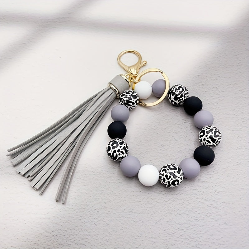 Leopard Silicone Wooden Beaded Wristlet Keychain With PU Leather Tassel Fashion Bangle Keychain Bag Charm Phone Lanyard Mother's Day Women Gift