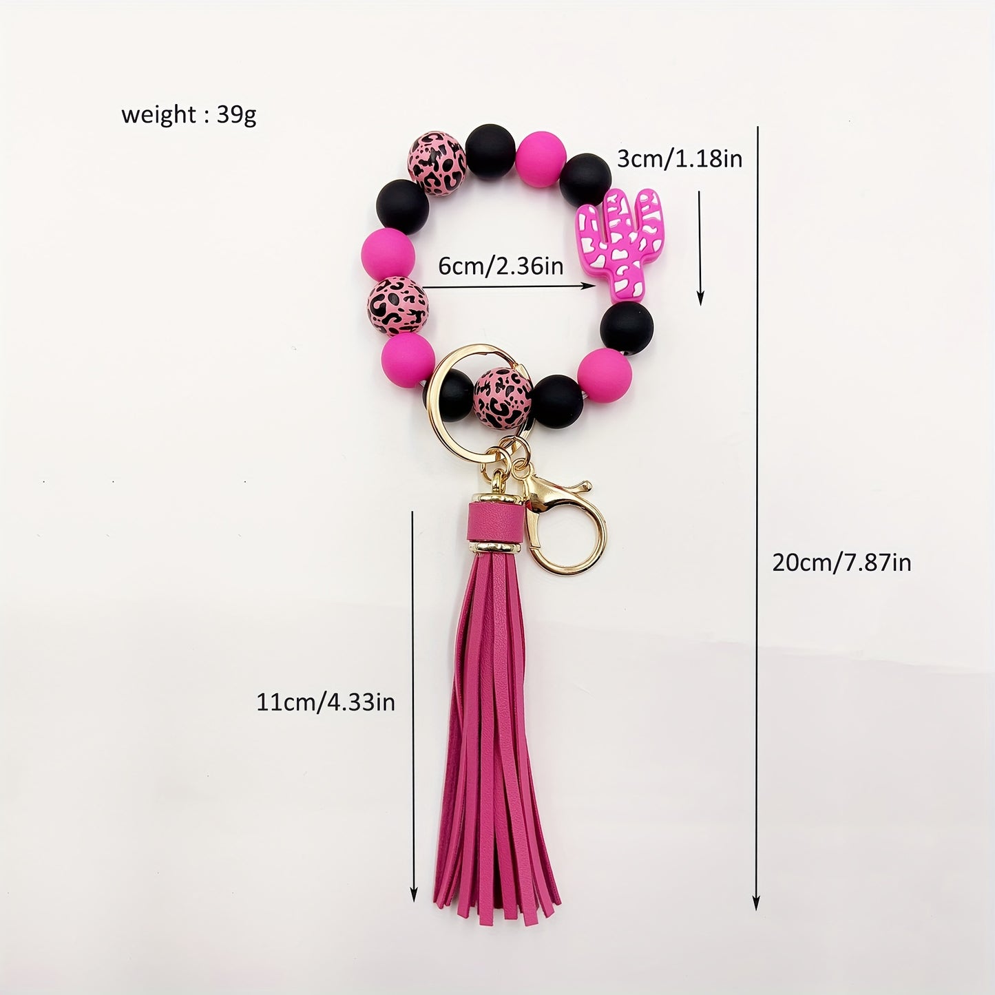 Chic Cactus-Themed Silicone Beaded Keychain with Tassel - Cartoon & Plant Design, Lobster Clasp Charm for Women, Cactus Decor