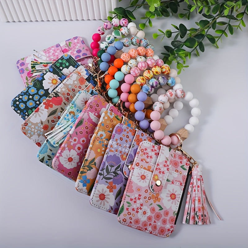 Chic Floral Print Faux Leather Wallet with Beaded Wristlet & Tassel Keychain - Silicone Bracelet Card Holder, Perfect Gift for Women