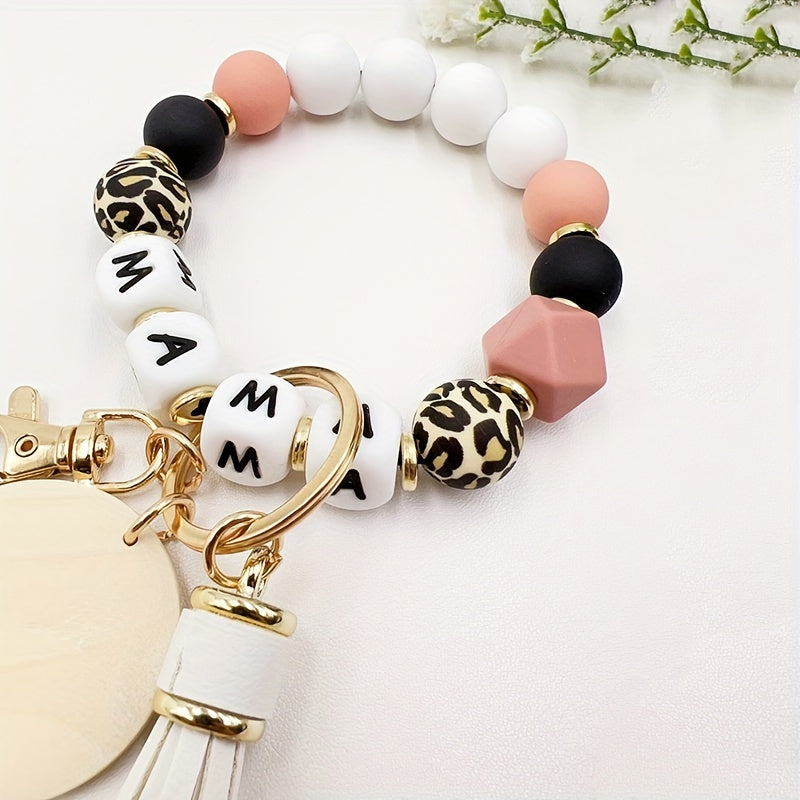1pc Stylish MAMA Silicone Beaded Wristlet - Adjustable Phone Lanyard Keychain with Tassel Bag Charm - Perfect Daily Accessory for Women, Mother's Day Gift Idea