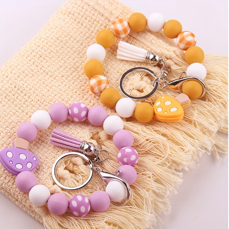 Chic Mushroom Charm Silicone Beaded Bracelet Keychain With Pu Leather Tassel - Lobster Clasp, Cartoon/Plant Theme For Women Pendant For Women