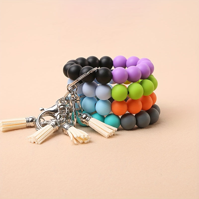 1pc Elastic Keychain Bracelet Wristband, Fashionable Silicone Beaded Keychain Bracelet, Tassel Keychain Bracelet Beaded Wristband Keychain Portable Home Car Key Ring Holder