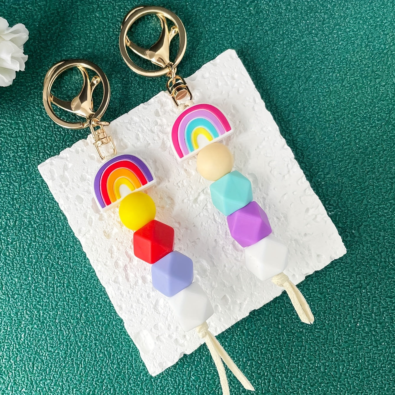 Festive Rainbow Silicone Bead Keychain - Perfect for School or Work - Professionally Crafted with Alloy Rings and a Fun Tassel