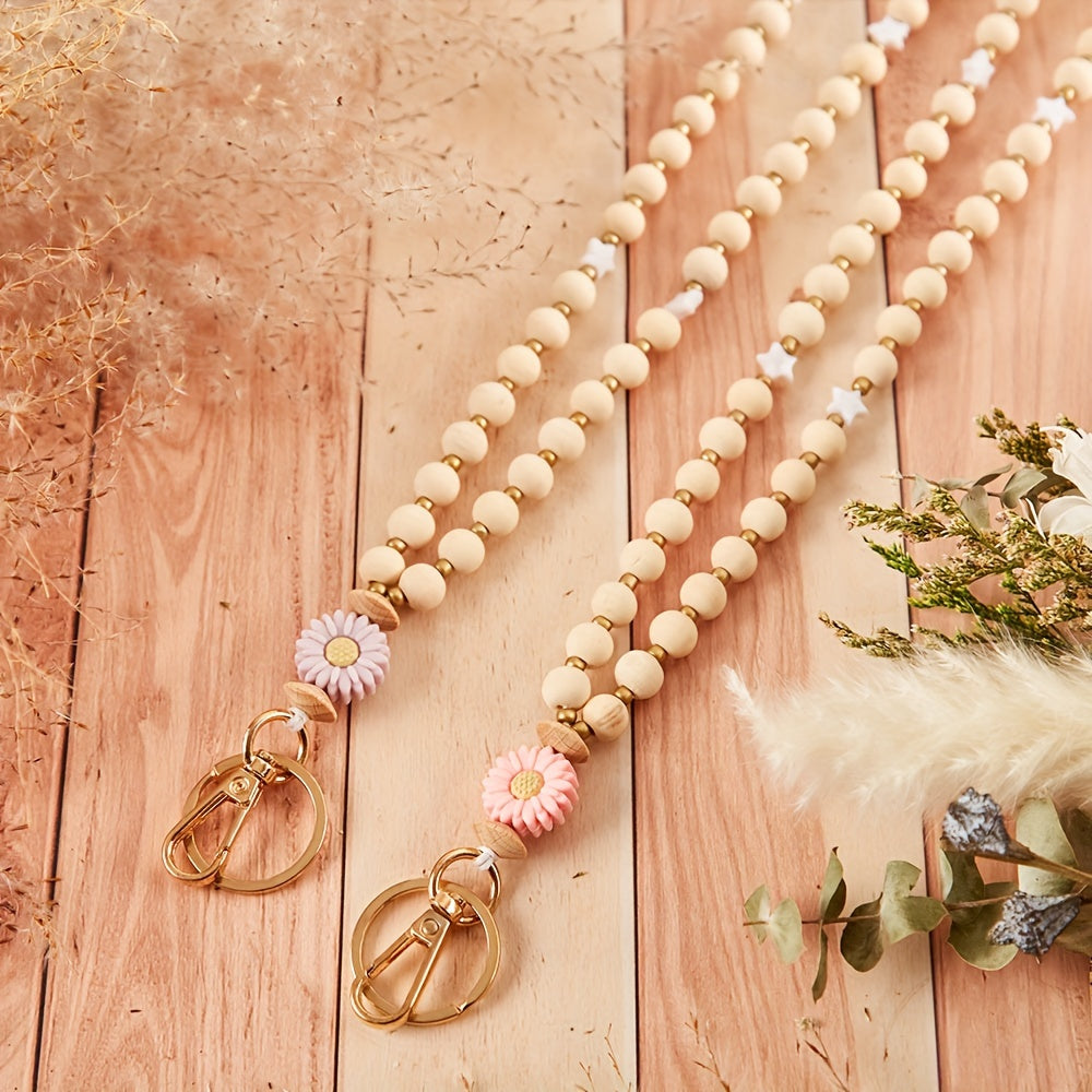 Daisy Flower Beaded Lanyard for ID Badge Holder, Crude Wood Bead Lanyard with Breakaway Clasp, Teacher Keychain, Nurse Gift, Graduation Present, Simple Floral Bohemian Necklace for Teachers, 6 Pack