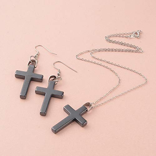 Hematite Cross Pendant Necklace and Dangle Earring Jewellery Set