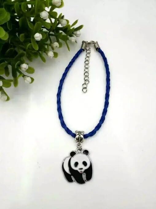PU Leather Braided Bracelet with Alloy Panda Charm. (Blue)