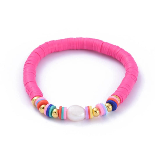 Pink Polymer Clay Beads Stretchable Bracelet for Girl/Wman