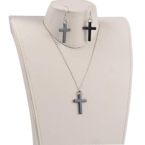Hematite Cross Pendant Necklace and Dangle Earring Jewellery Set
