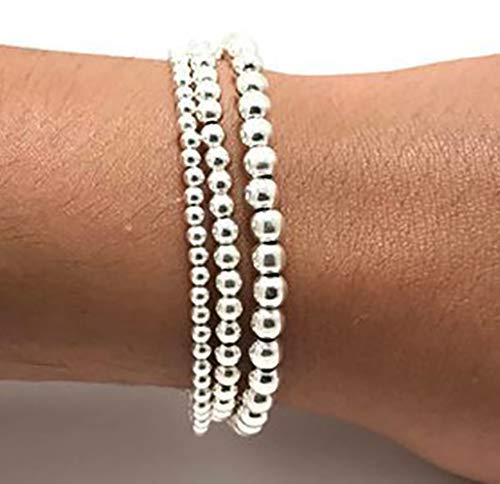 Silver Colour Round Beads Stretchable Bracelets(Set of 3)