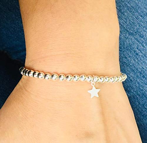 Silver Colour Round Beads With Star Charm Stretchable Bracelet