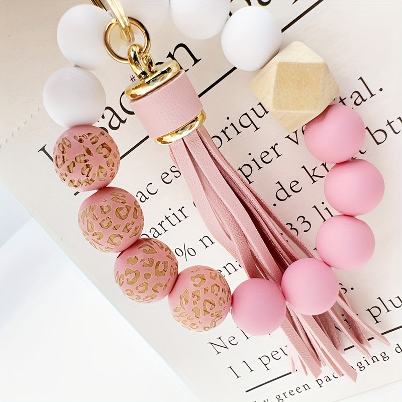 Leopard Silicone Beaded Bracelet Wristlet Keychain Fashion Bangle Key Chain Bag Charm Phone Lanyard Earbud Case Cover Accessories Women Female Gift