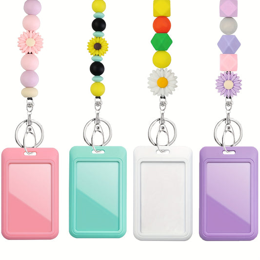 2pcs/set Cute Daisy Flower Silicone Beaded ID Badge Holder With Lanyard, Name Tag Holder With Clip, Detachable Lanyard Necklace For Teacher Nurse Students