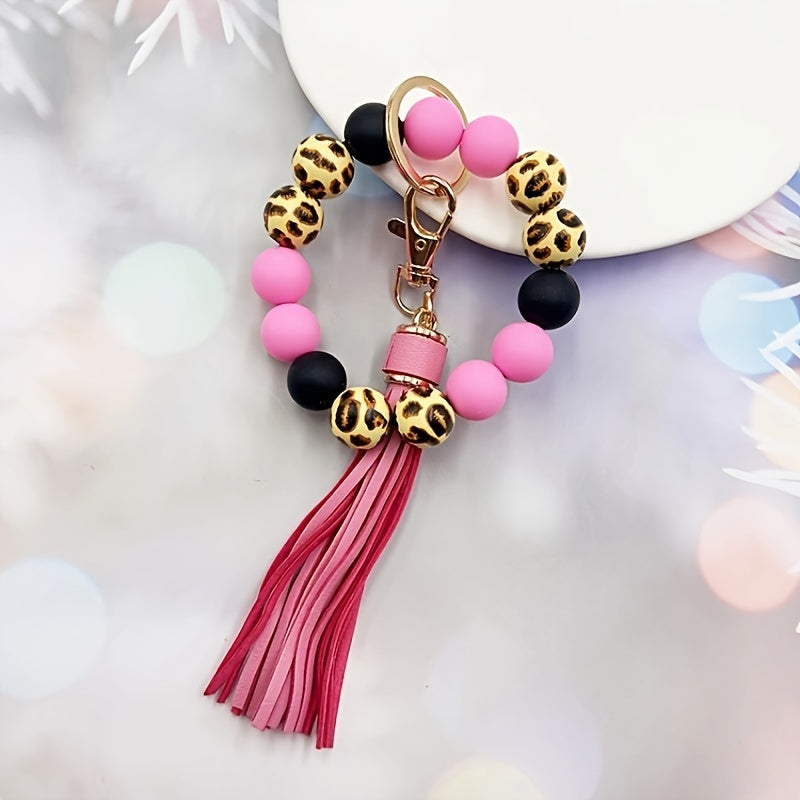 Hemasa Leopard Print Wooden & Silicone Bead Keychain / Ladies Tassel Bracelet Keyring