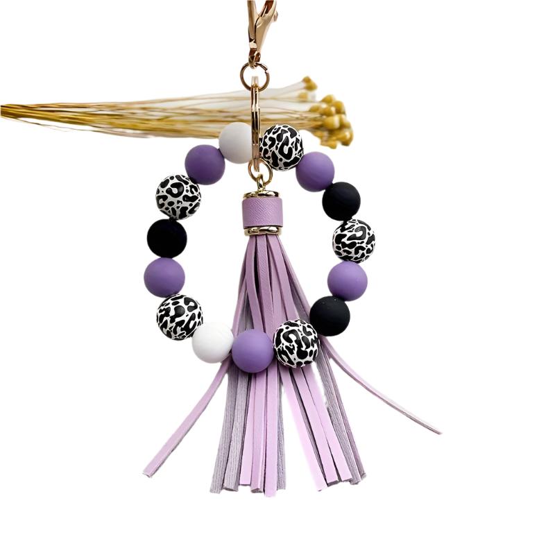 Leopard Silicone Wooden Beaded  Wristlet Keychain With PU Leather Tassel /Fashion Bangle Keychain Bag Charm Phone Lanyard Mother's Day Women Gift