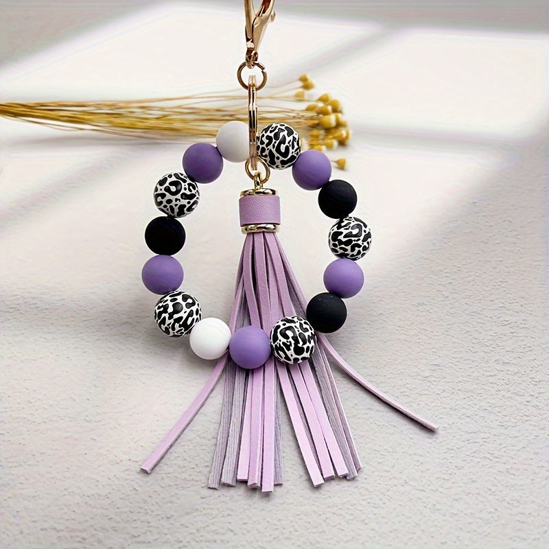 Leopard Silicone Wooden Beaded Wristlet Keychain With PU Leather Tassel Fashion Bangle Keychain Bag Charm Phone Lanyard Mother's Day Women Gift