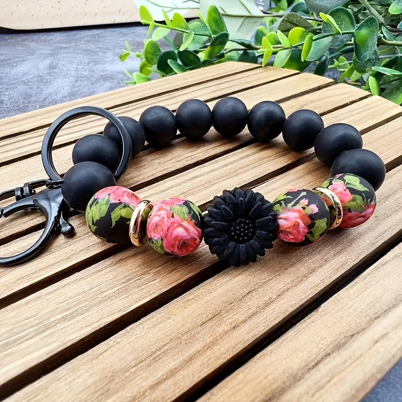 Bohemian Silicone Beaded Keychain, Sunflower And Daisy Print - Plant Theme Keychain with Lobster Clasp Women'S Bracelet Wristband Keychain Bag Pendant Keychain, a Great Gift for Friends