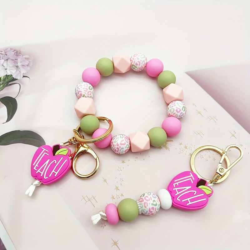 1pc Silicone Bead Keychain With Leopard Print & Pink Apple "TEACH", Cute Fresh Colorful Key Ring, Anti-Lost Bag & Car Key Charm, Perfect For Female Teachers