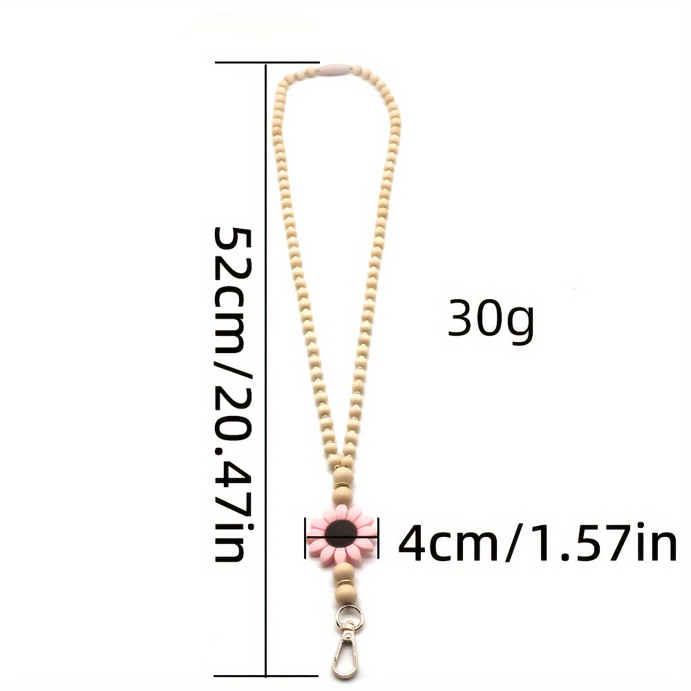 Elegant Wooden Bead Keychain With Golden Spacer Beads And Silicone Flower Charm - Versatile Accessory For All Seasons